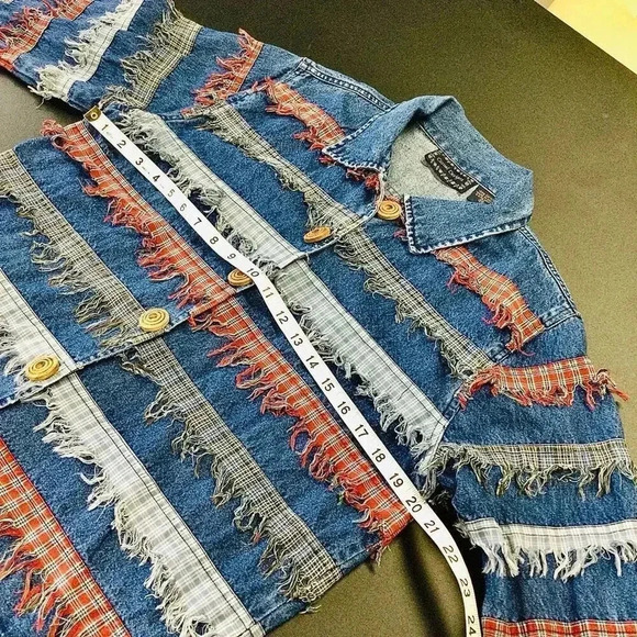 Vintage Casual Designs Women’s Blue Fringed Layers Strips Denim Jacket Medium - Picture 7 of 10